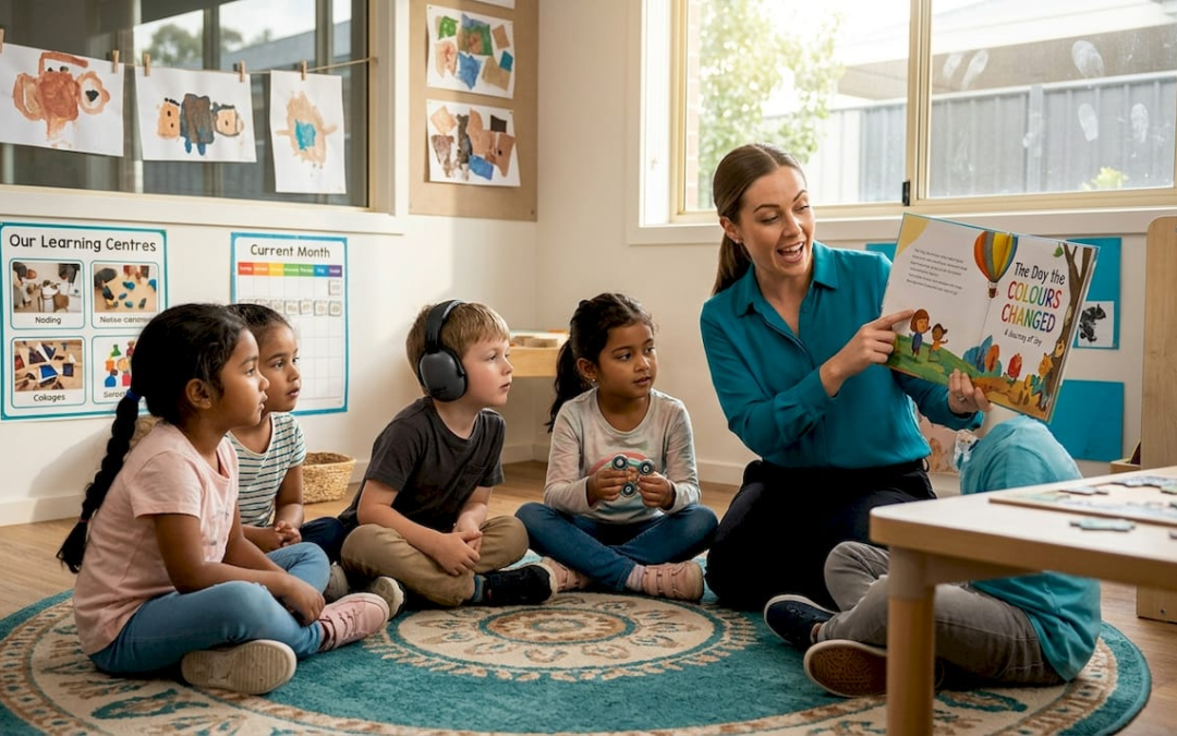 Teacher reading story to diverse children group