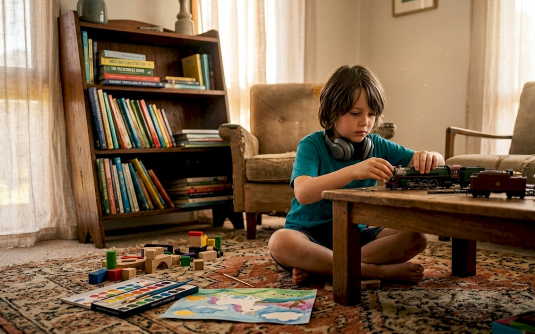 Child building model train among toys